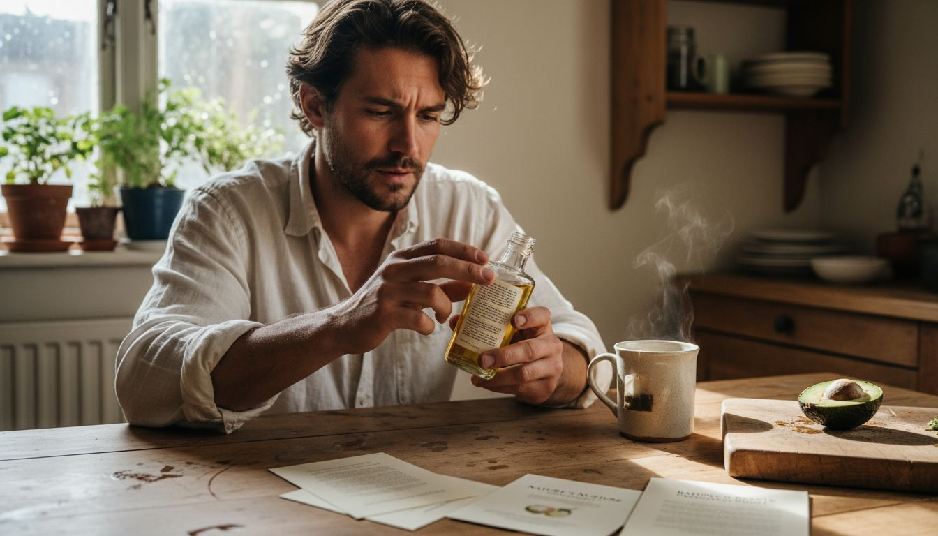 Man checks label on natural hair oil