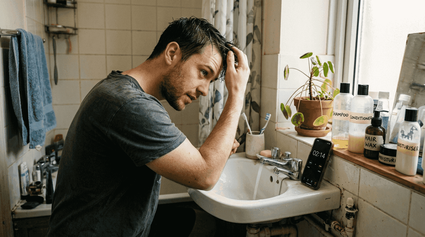 Man timing hair treatment in a small bathroom