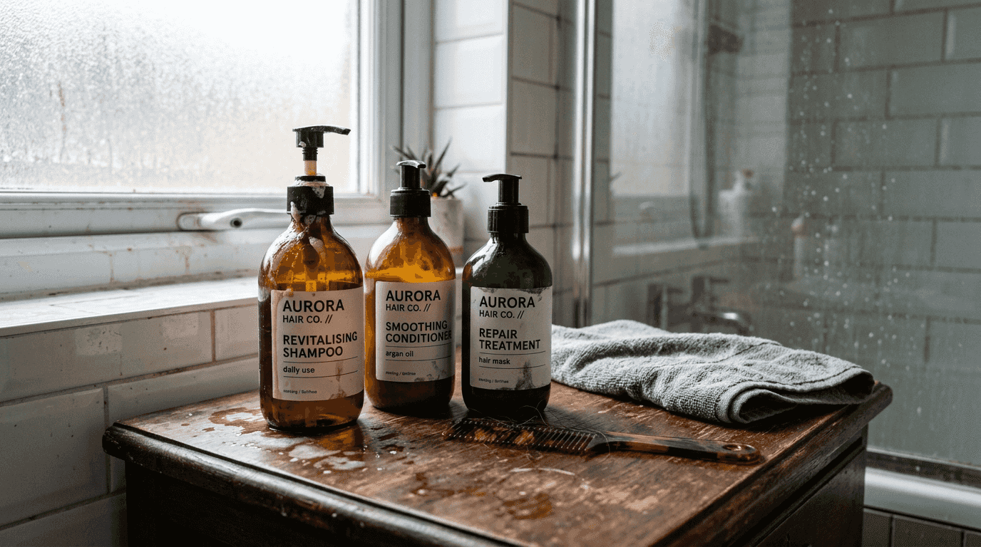 Three haircare bottles with natural sunlight