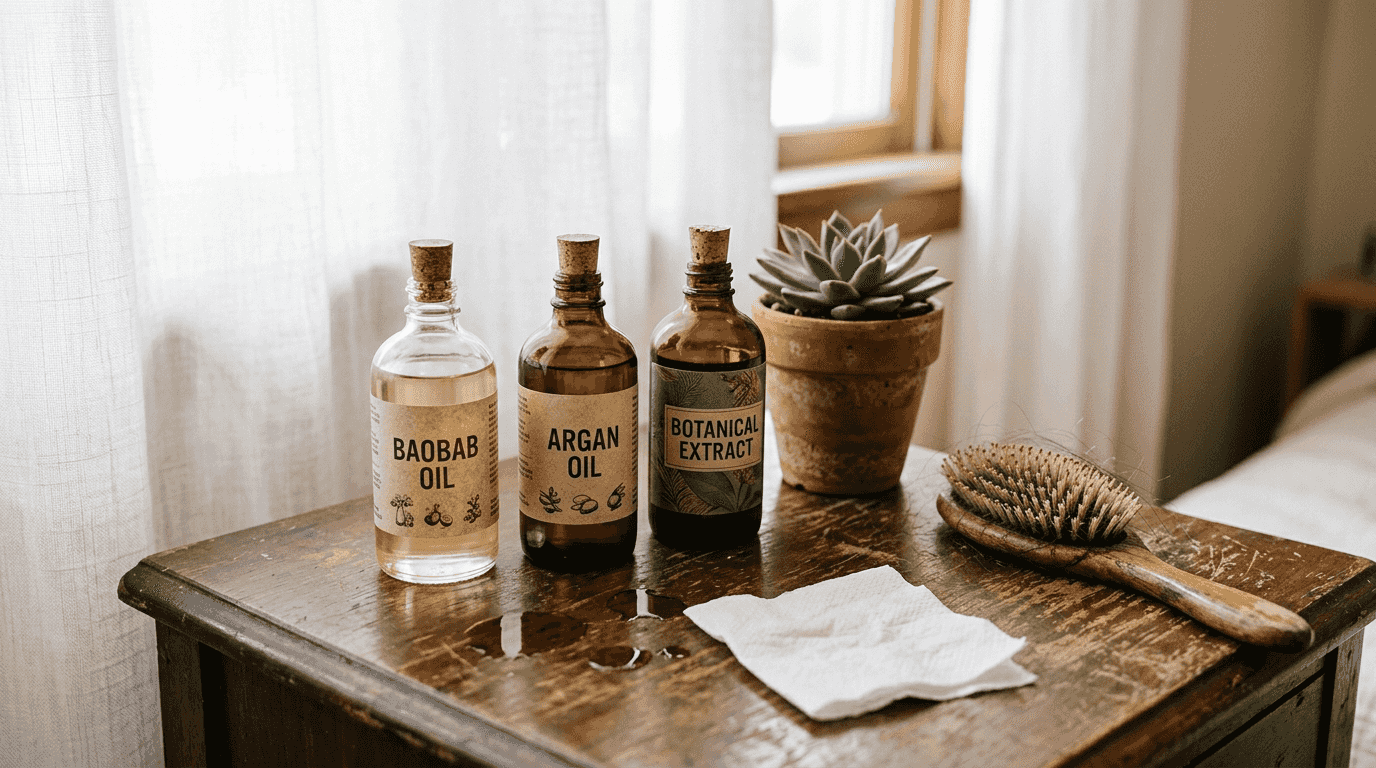 Bottles of natural haircare oils with brush