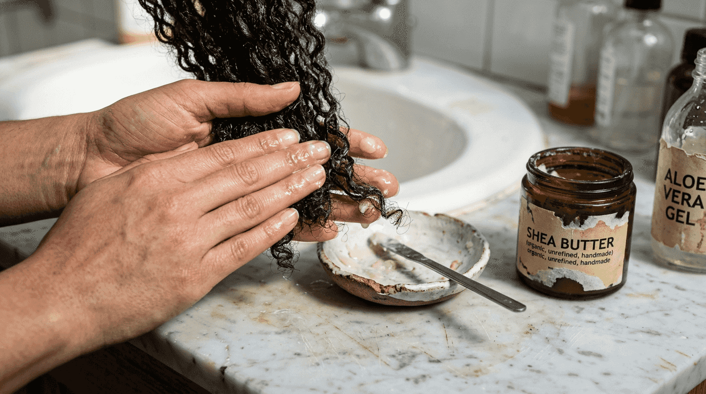 Hand applying shea butter and aloe vera