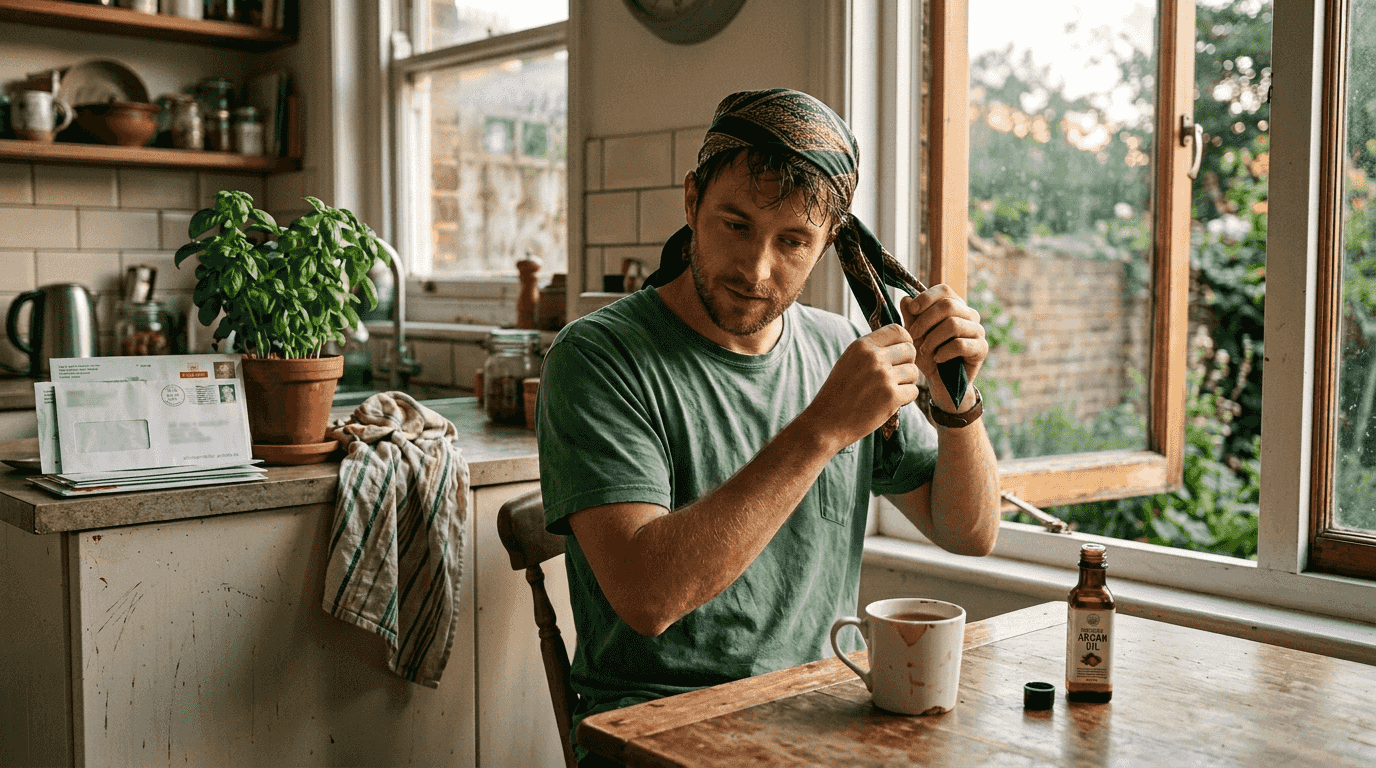 Man tying scarf protecting damp hair at home