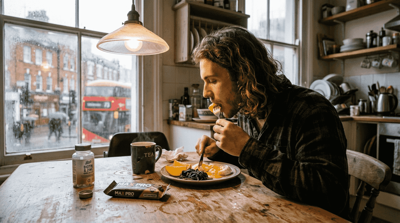 Man eating healthy breakfast for hair