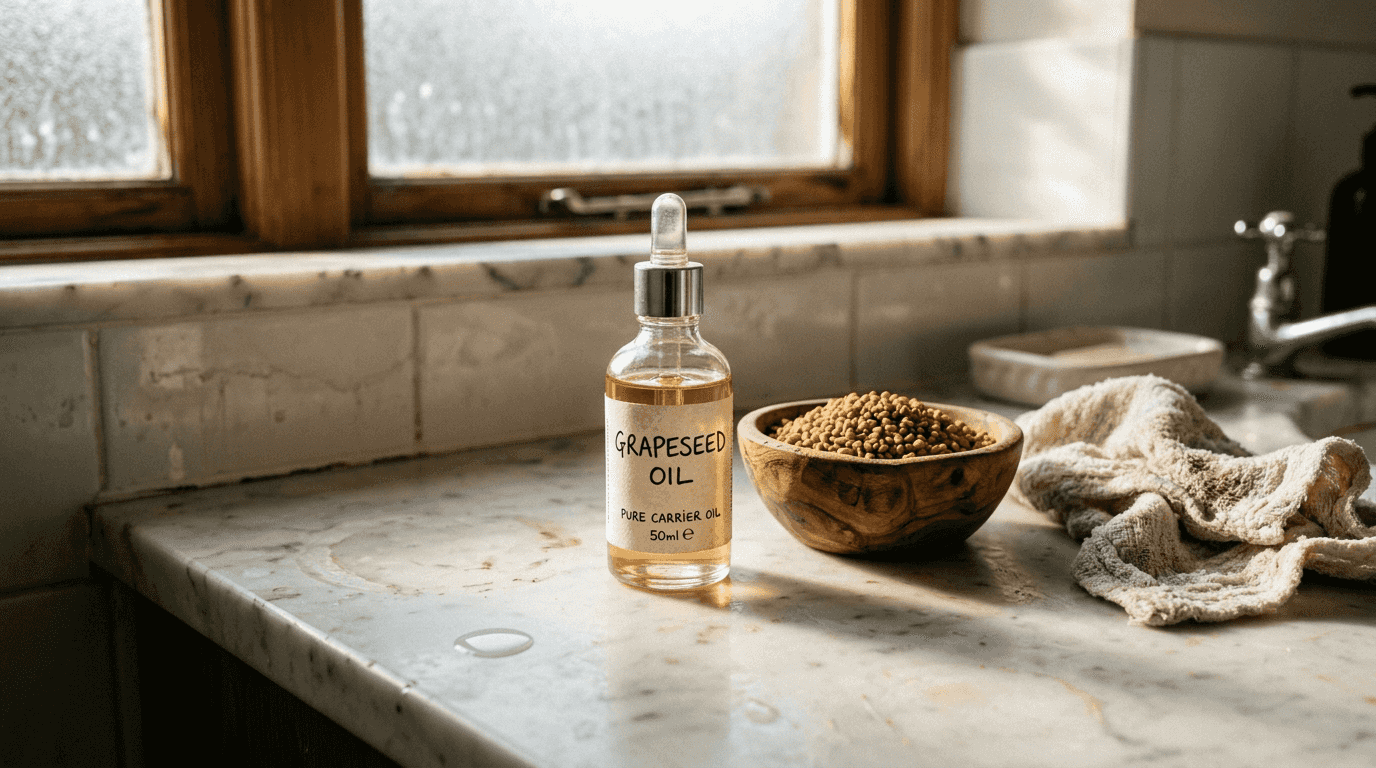 Grapeseed oil and fenugreek on bathroom counter