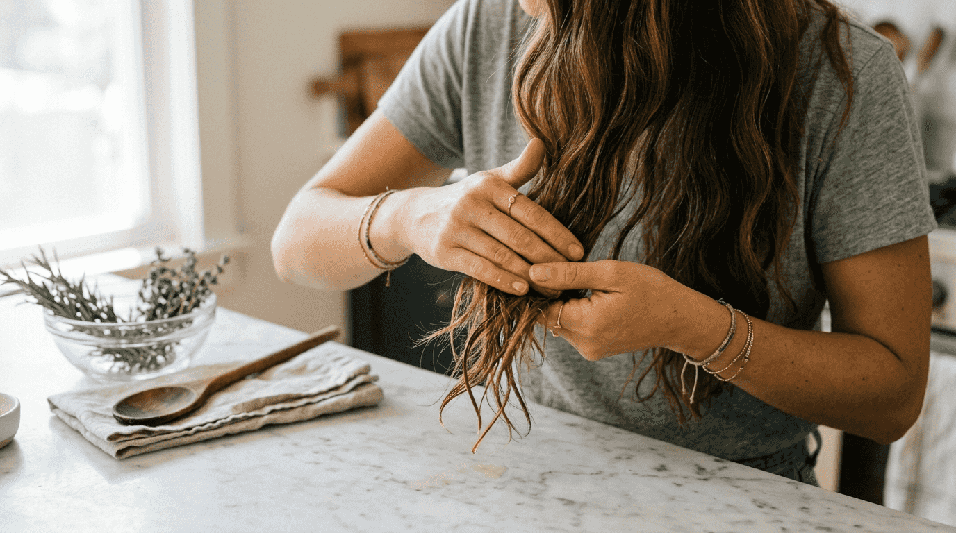 Applying natural hair oil to dry ends