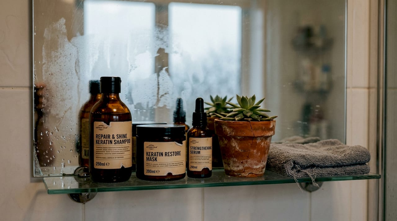 Keratin hair products on glass bathroom shelf