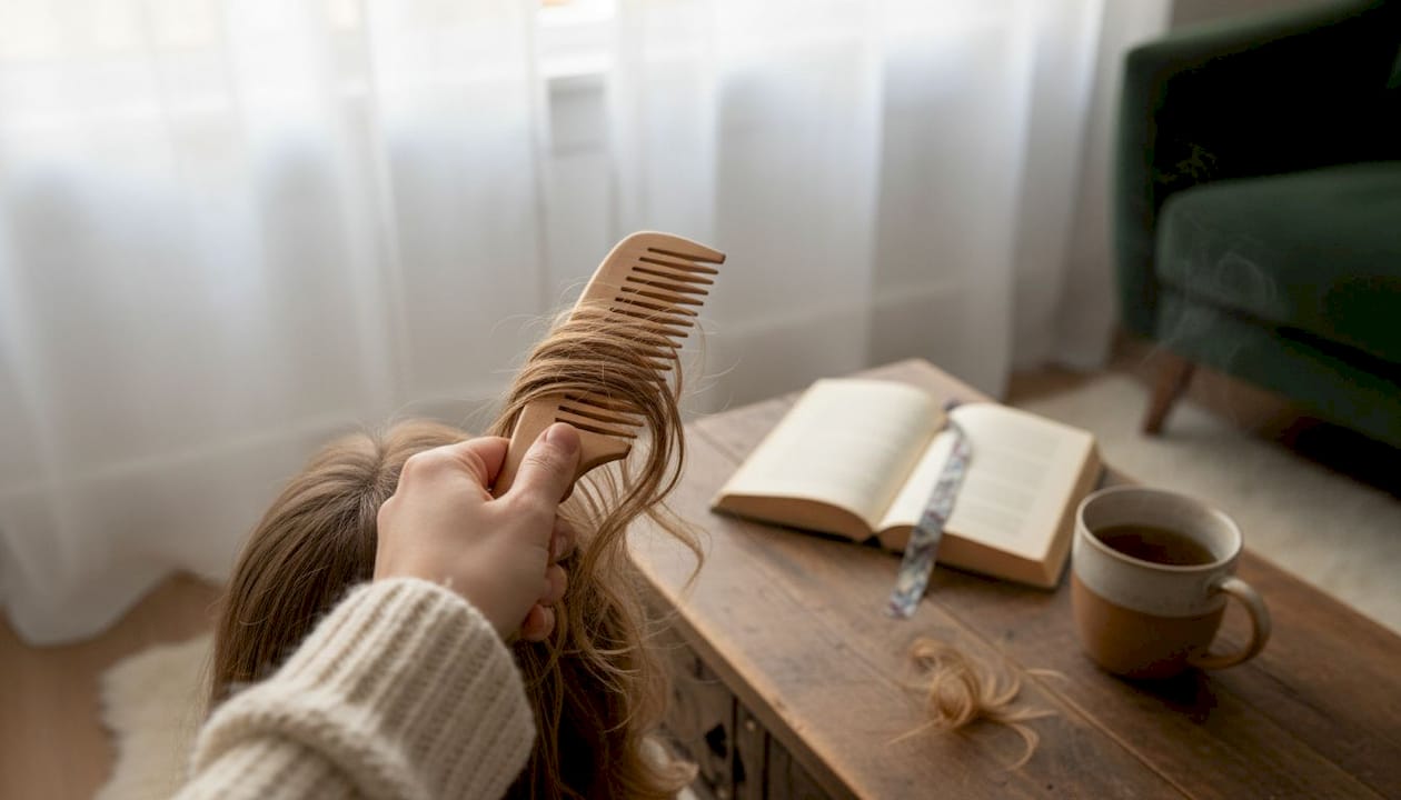 Hand using wide-tooth comb on tangled hair