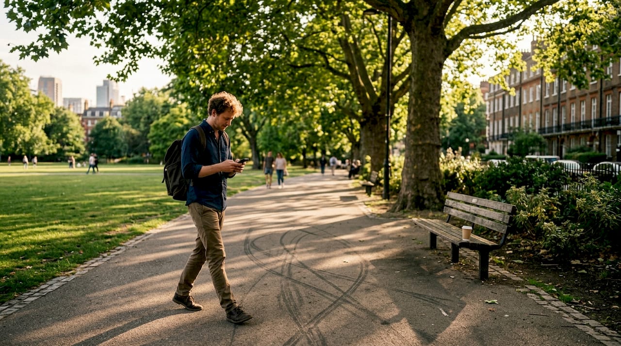 Man with frizzy hair walking in city park