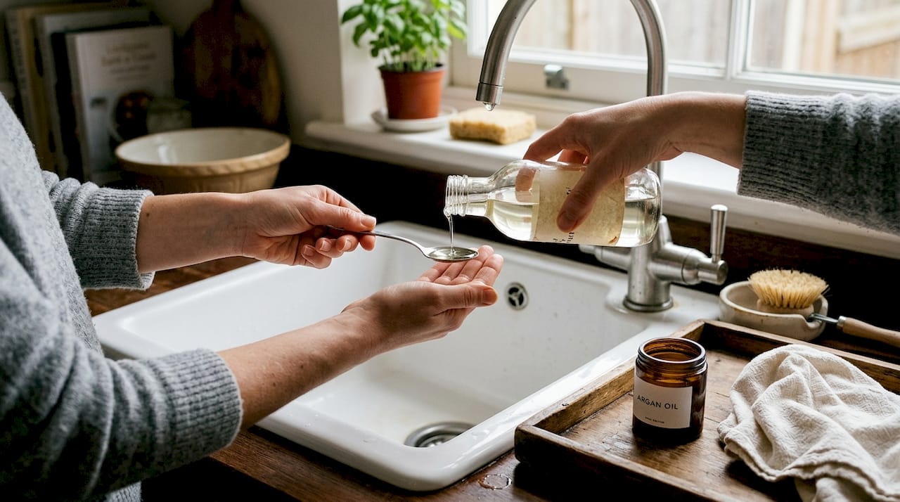 Hands pouring coconut oil for hair treatment