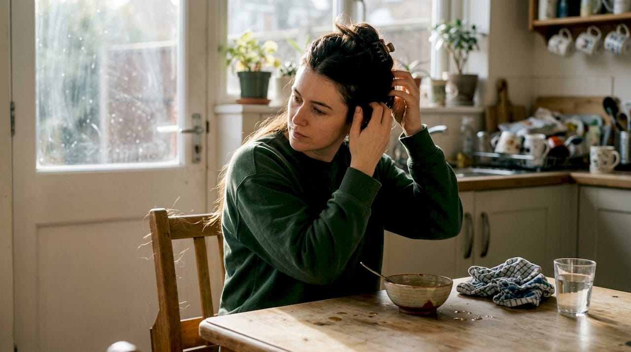 Person massaging oil into hair at kitchen table