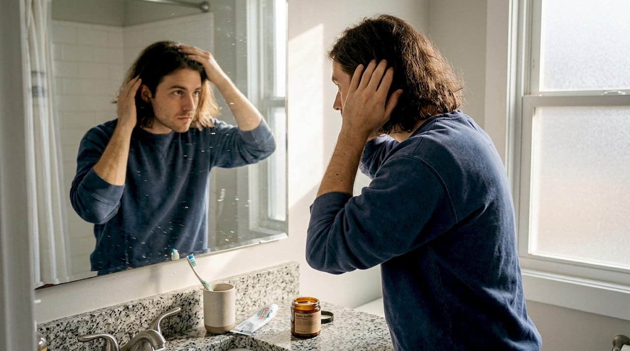 Man applying oil to frizzy hair in bathroom
