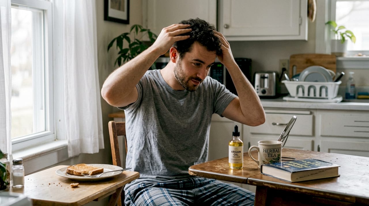 Man applying argan oil in morning routine