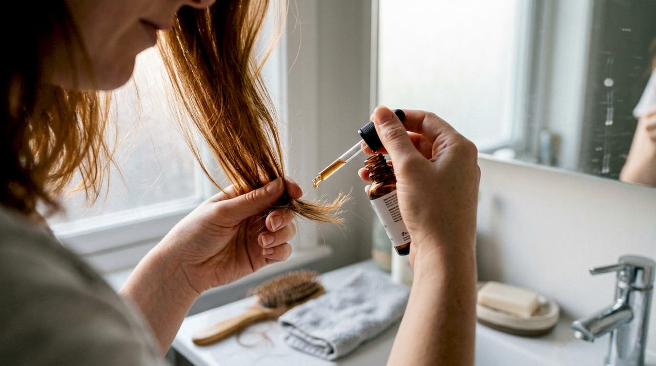 Applying serum to split hair ends