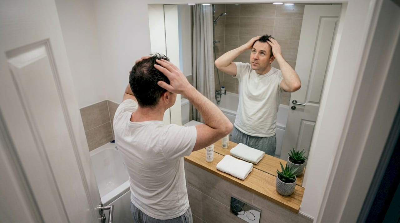 Man applying leave-in conditioner in bathroom