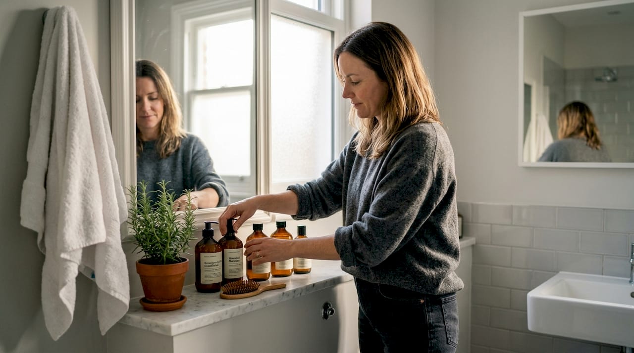 Woman organizing clean haircare products on shelf