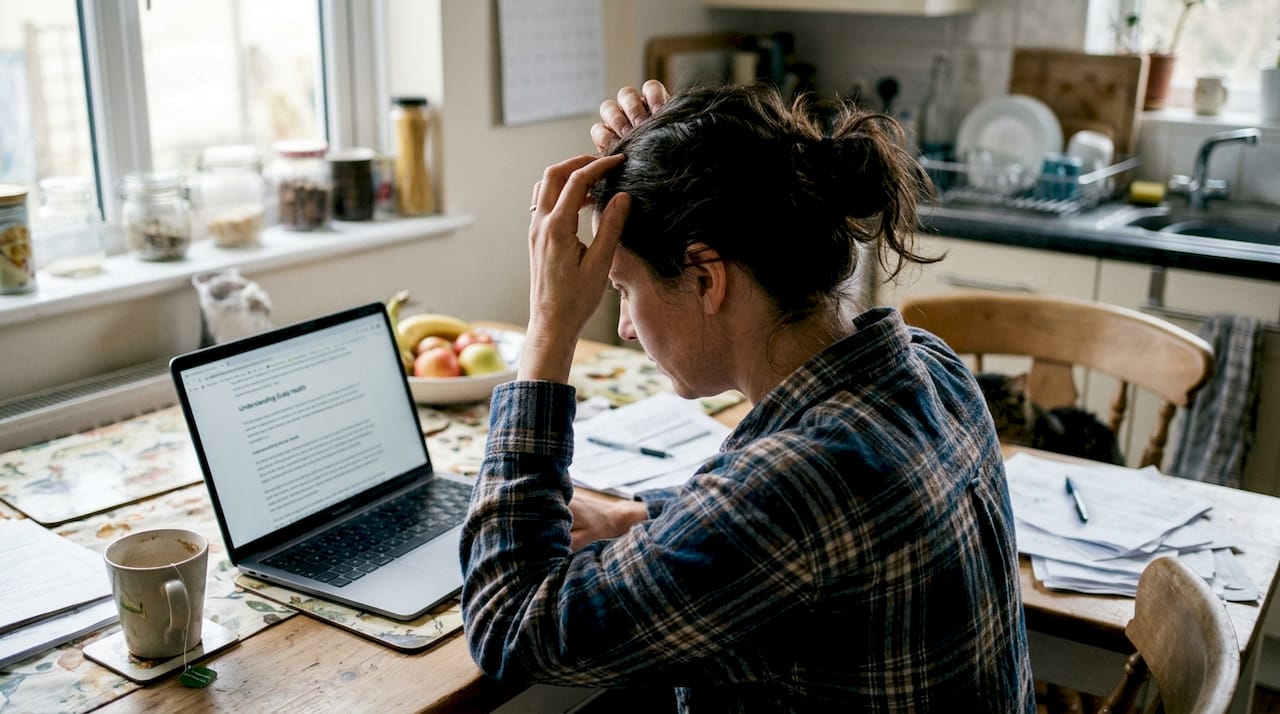 Woman examines scalp at kitchen table