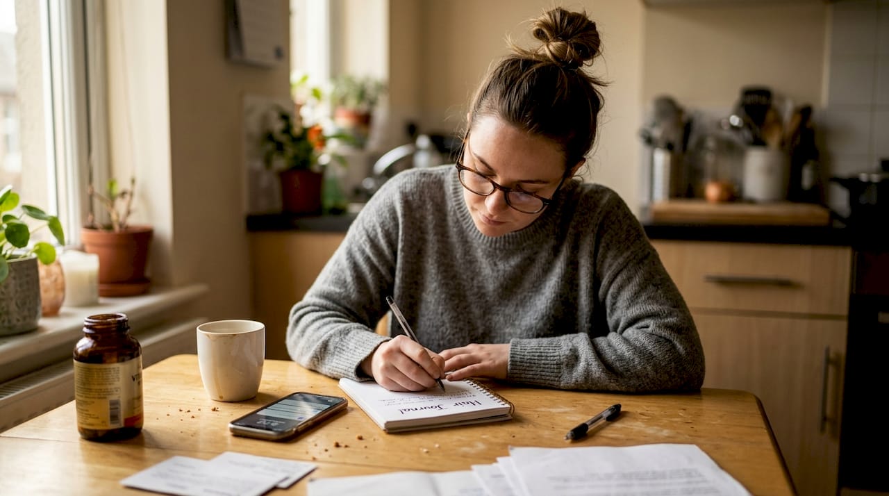 Woman writing hair progress in journal at kitchen table