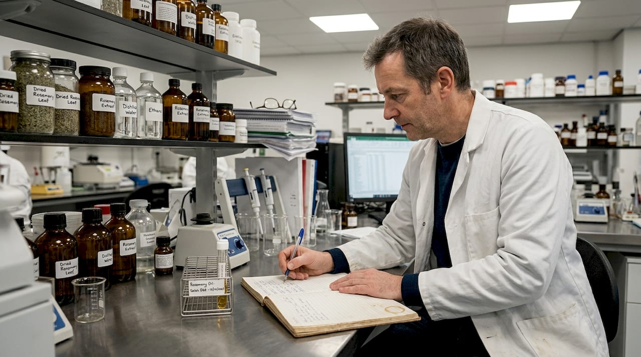 Technician testing plant oils in UK lab