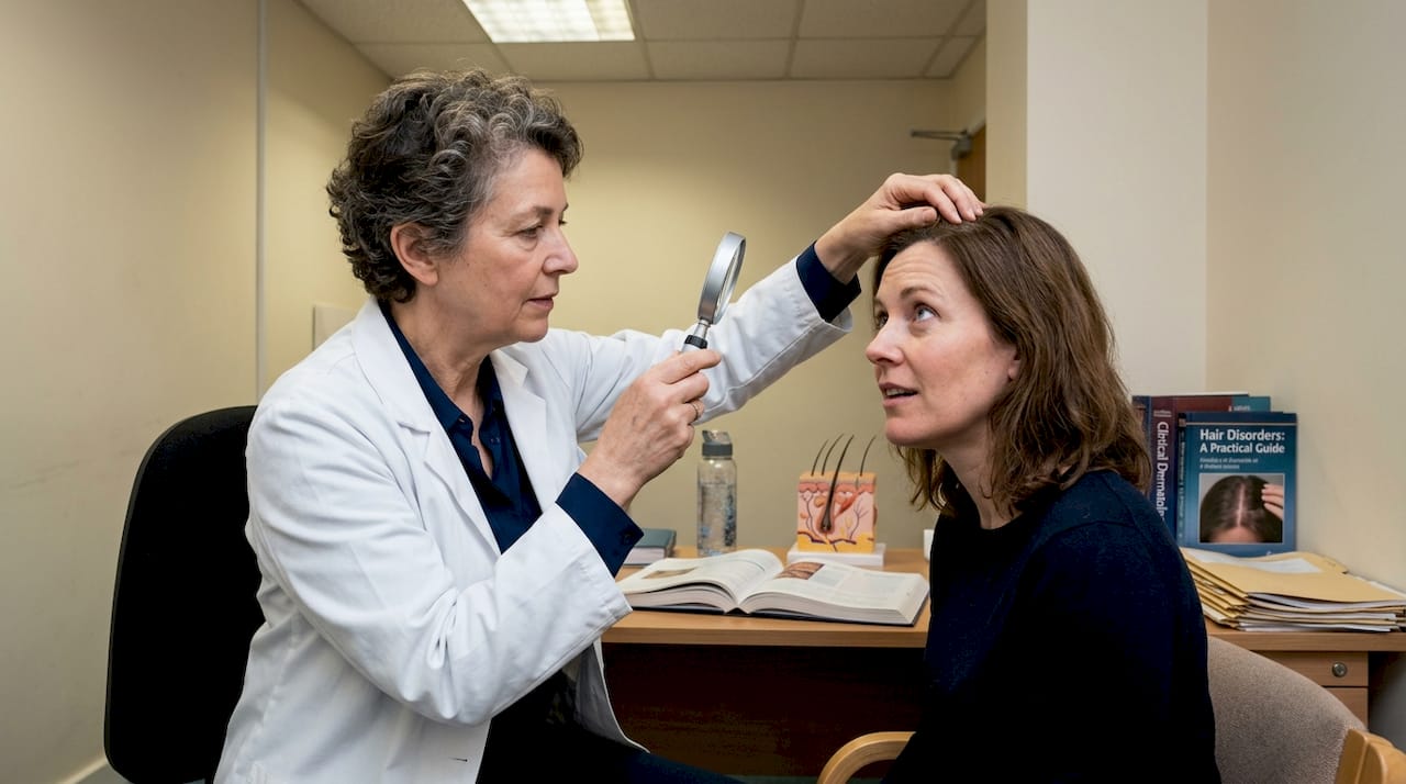 Trichologist examining woman's scalp in clinic