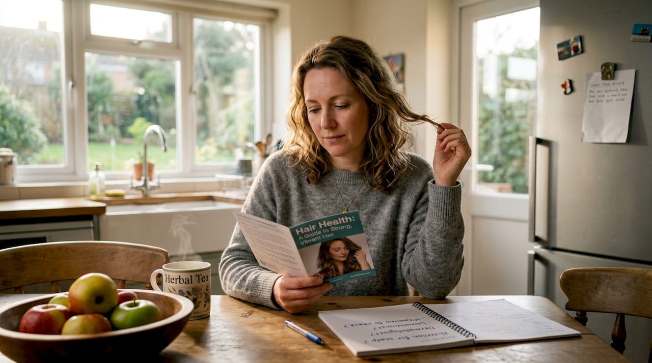 Woman reading hair health pamphlet at kitchen table