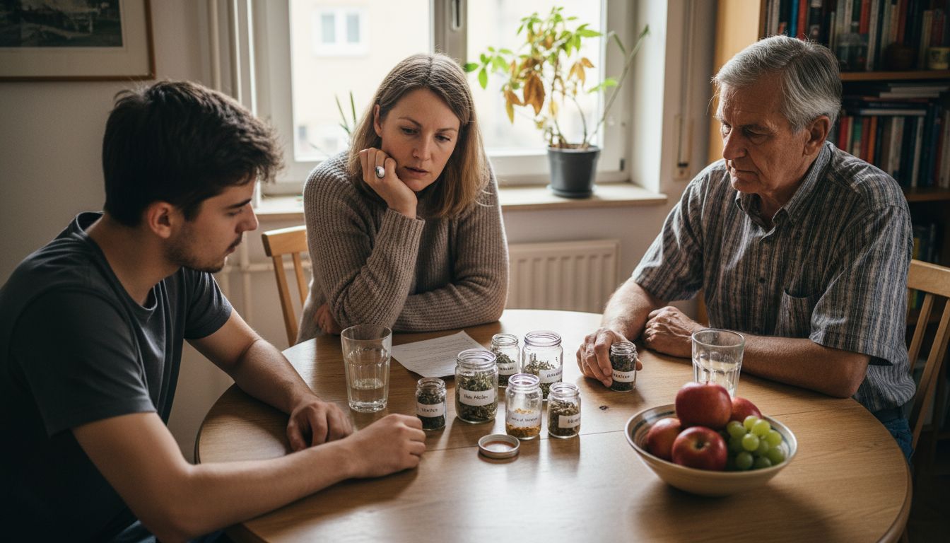 Un groupe de personnes discute de produits à base de cannabinoïdes autour d'une table