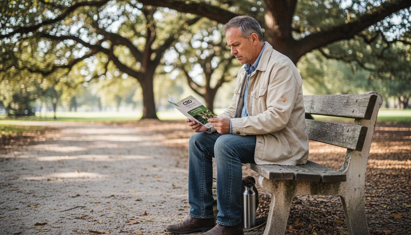 Man reading CBD brochure on park bench