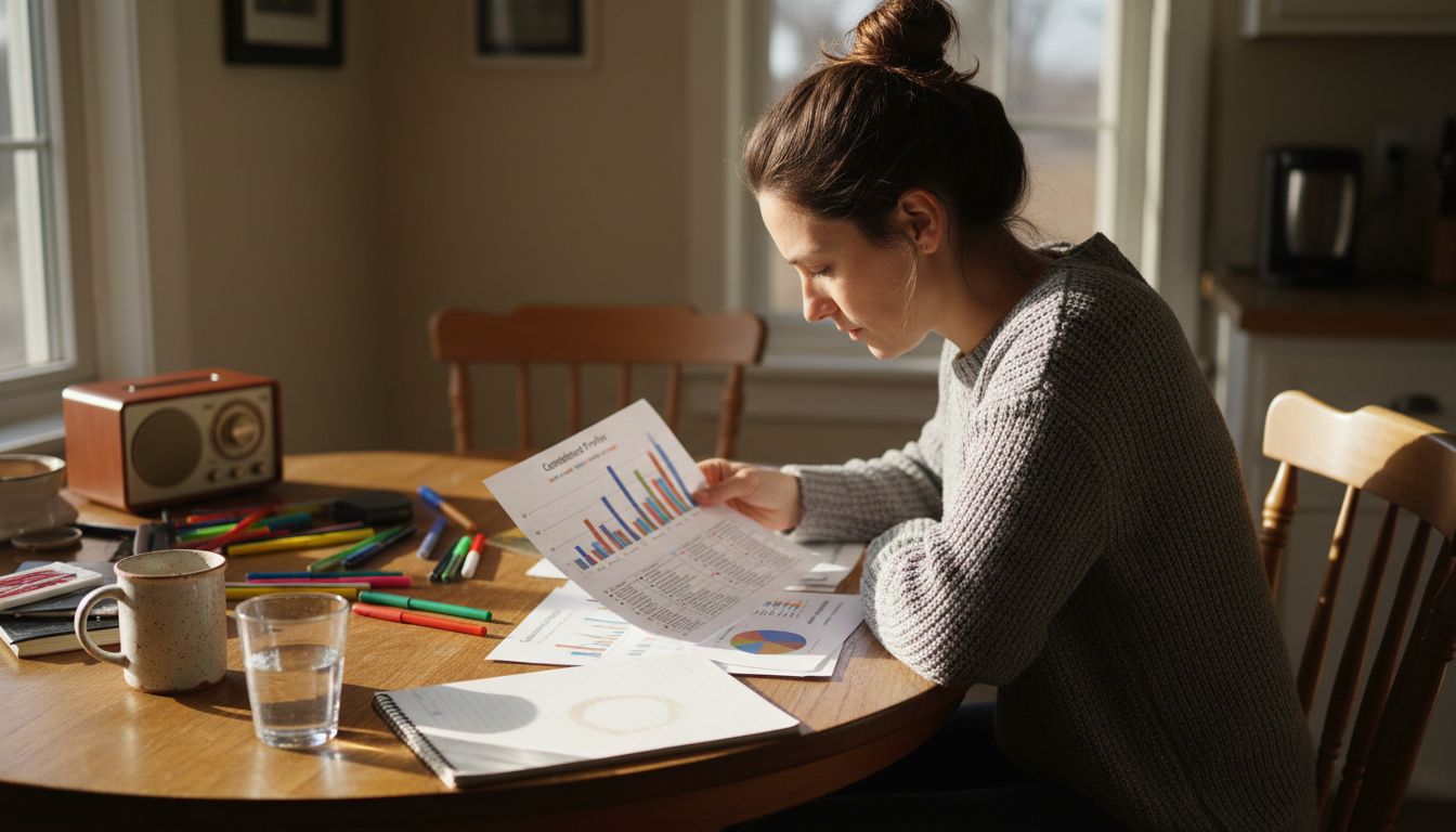 Woman studying cannabinoid analysis at kitchen table
