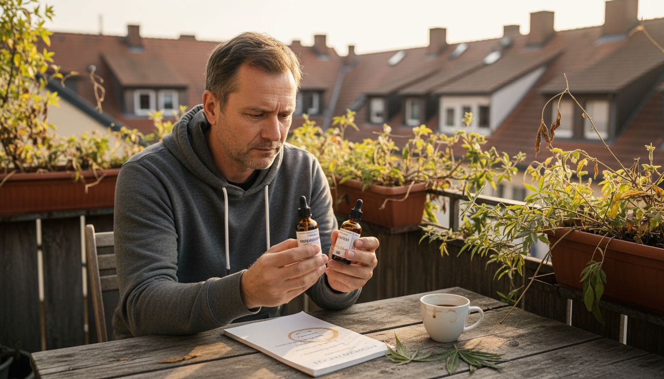 Ein Mann steht auf dem Balkon und vergleicht verschiedene Cannabinoid-Produkte miteinander.
