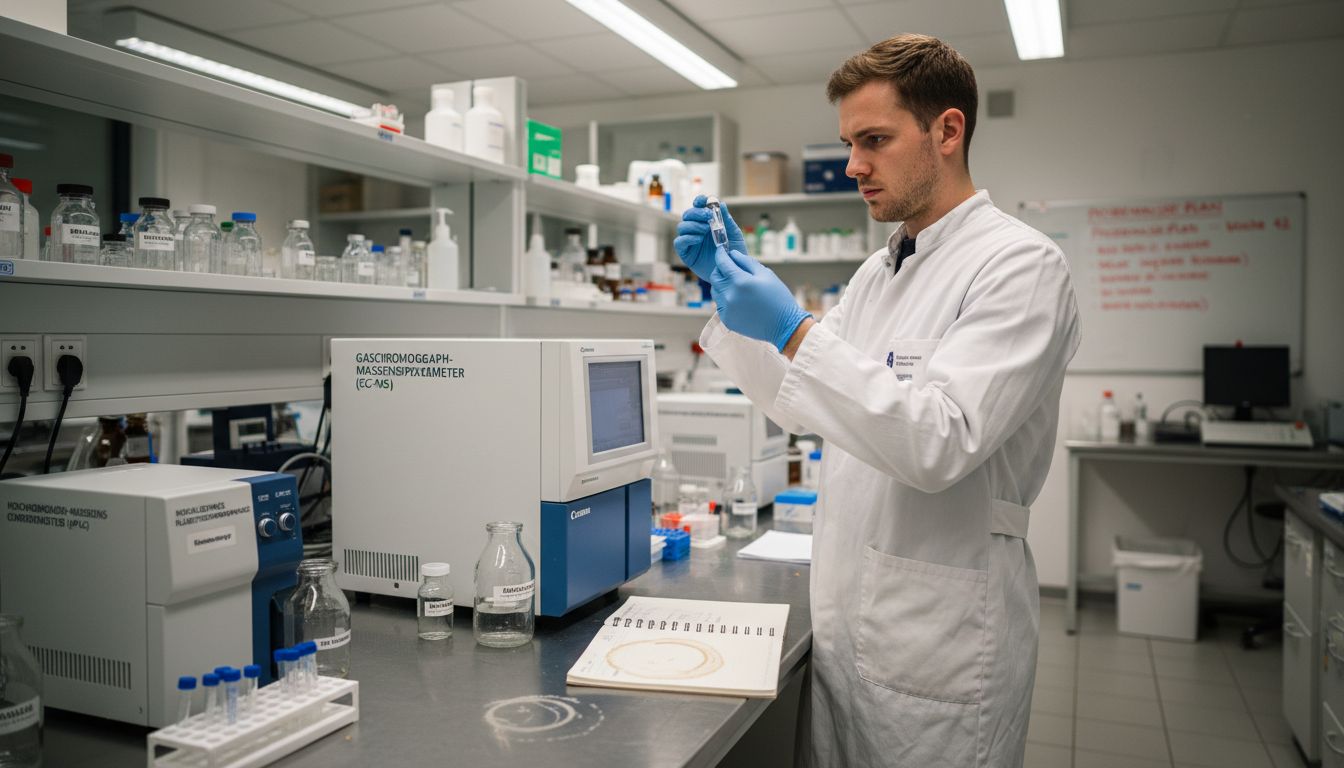 Eine Laborfachkraft untersucht eine Cannabispobe unter dem Mikroskop.