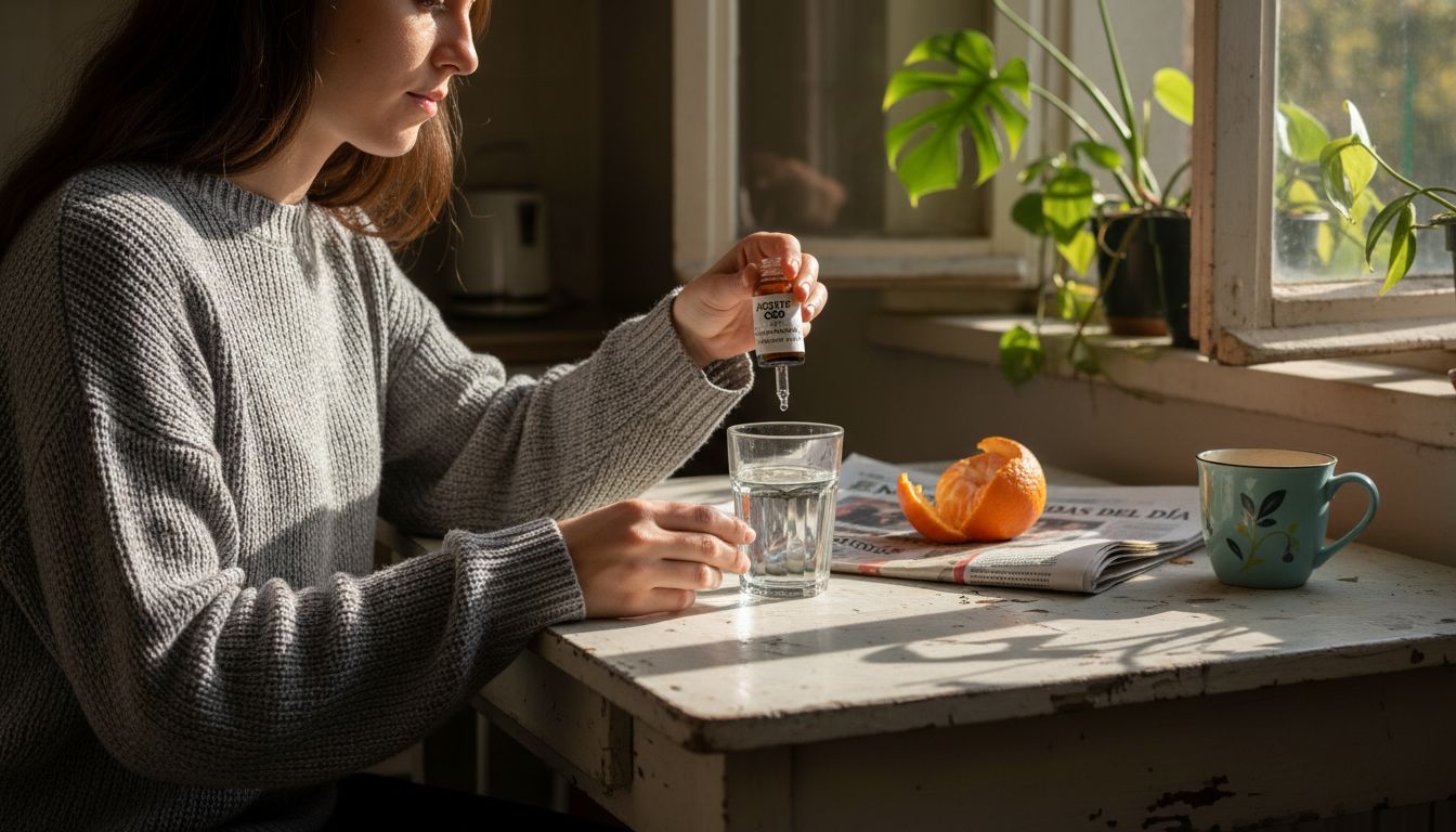 Una mujer sostiene un frasco de aceite de CBD mientras está sentada a la mesa.