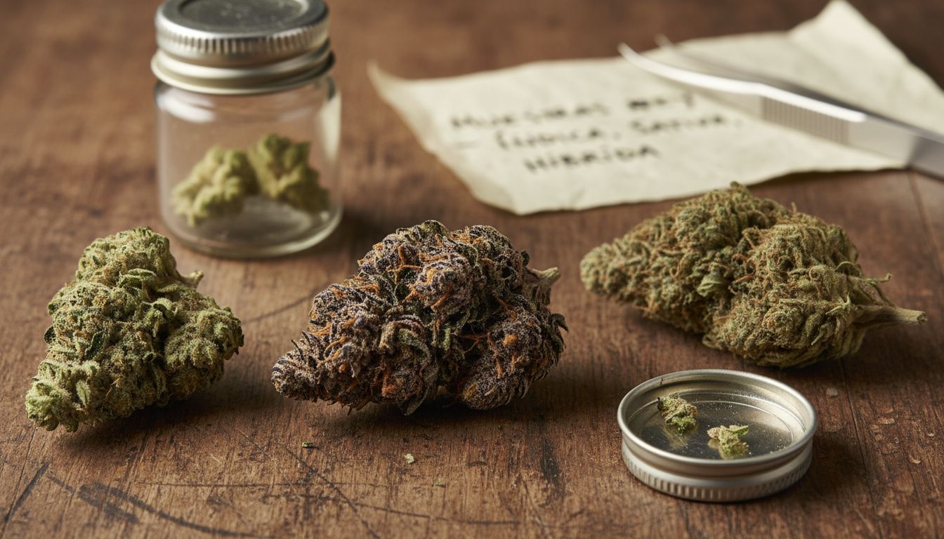 Variedad de cogollos de cannabis sobre una mesa de madera