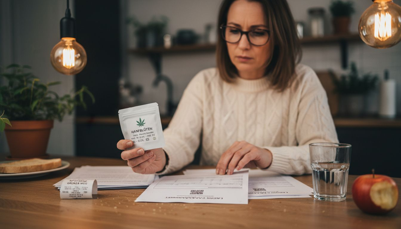 Eine Frau prüft ein Cannabis-Produkt und vergleicht die Angaben auf der Verpackung mit dem Laborbericht.