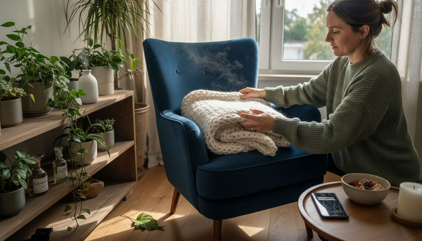 Eine Frau sorgt mit liebevoll ausgewählten Dekorationen für eine entspannte Wohlfühlatmosphäre.