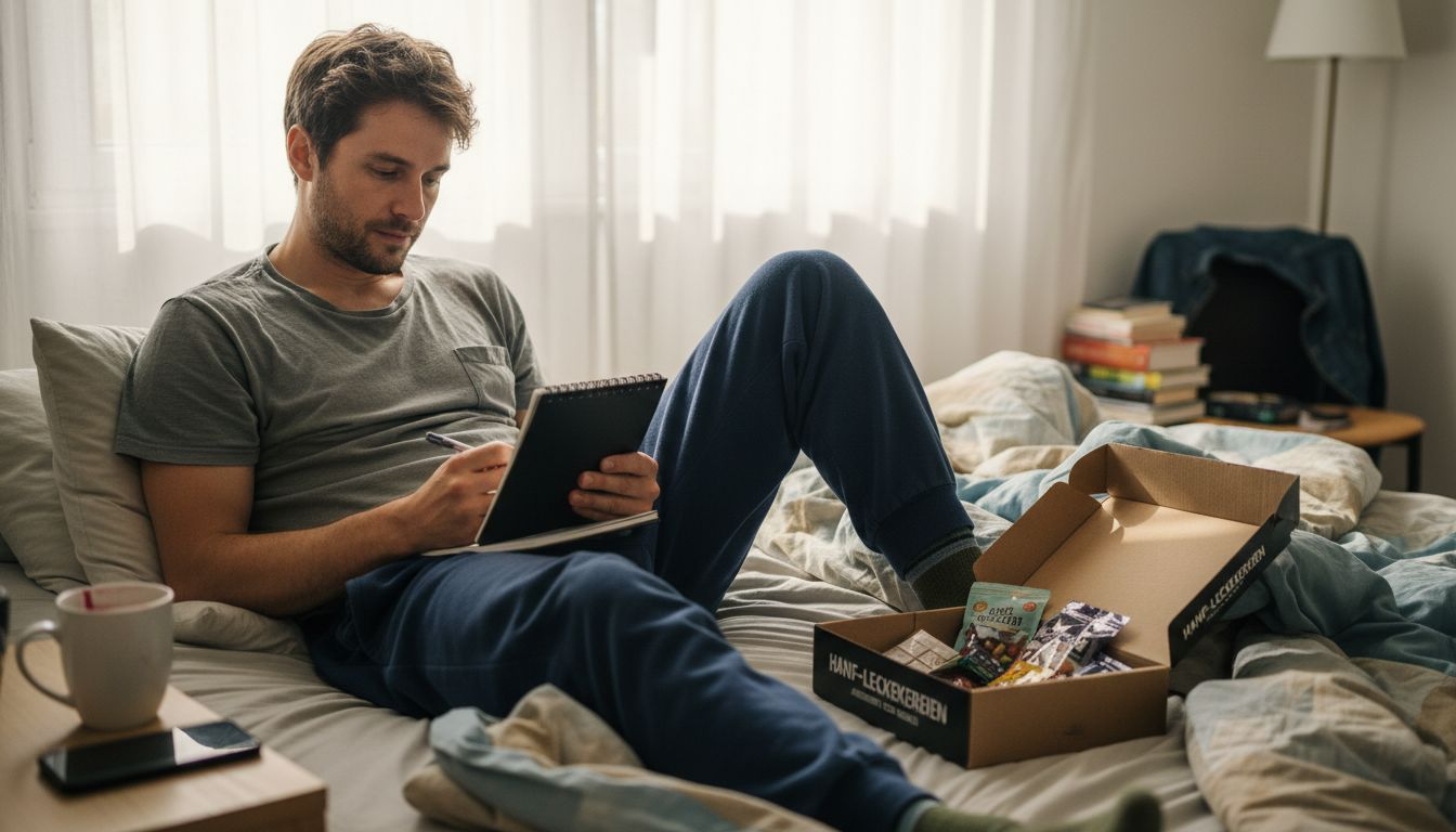 Ein Mann notiert sich in seinem Schlafzimmer, wie viel CBD-Edibles er eingenommen hat.