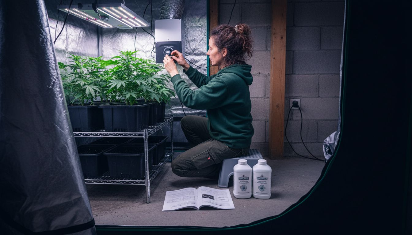 Eine Frau stellt die Klimasteuerung im Gewächszelt ein.