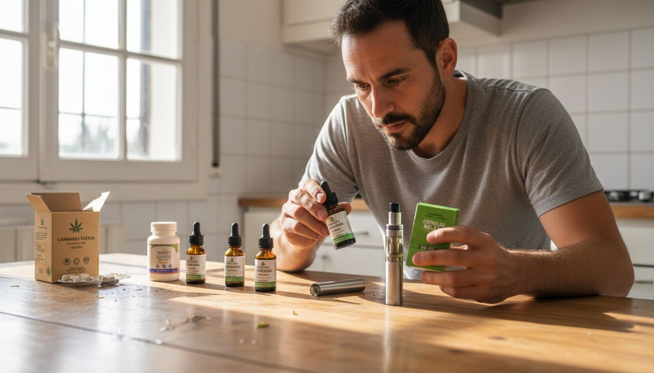 Un hombre revisa y compara diferentes productos de CBD sobre la encimera de su cocina.