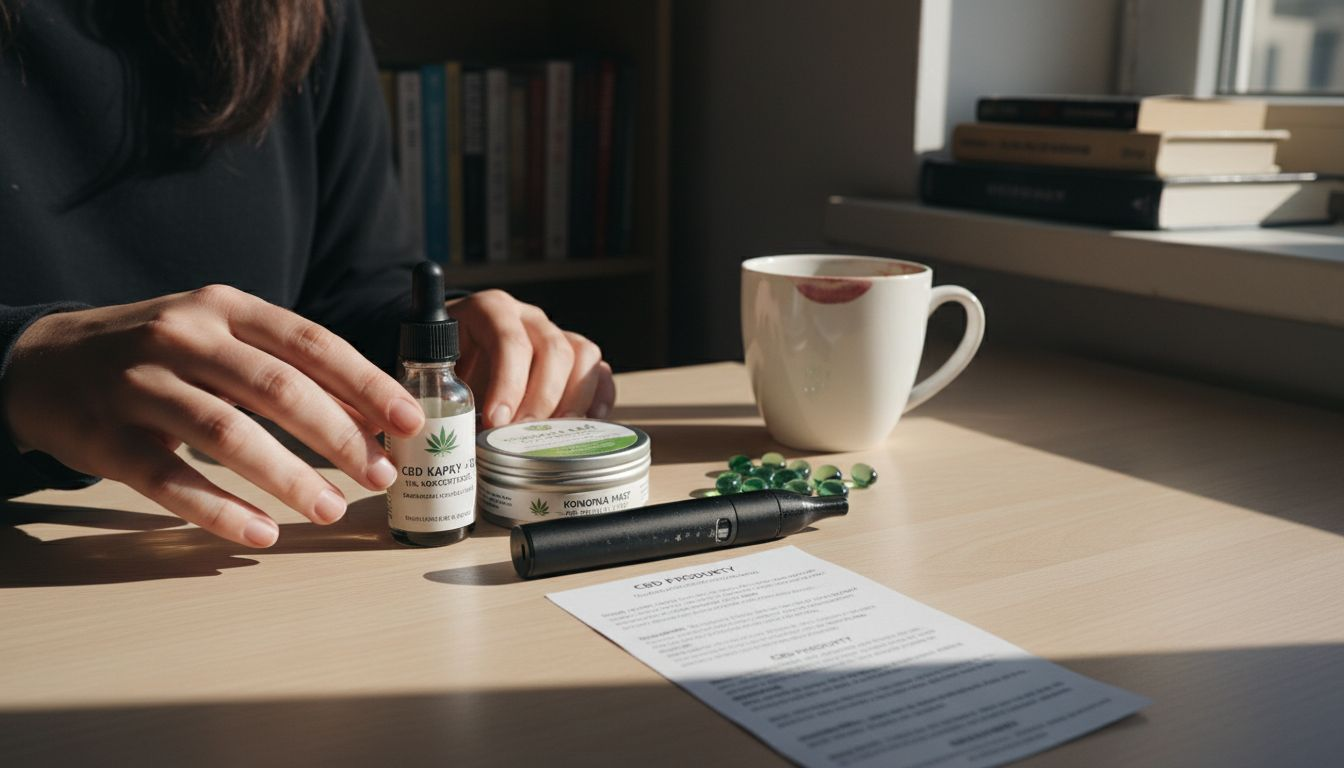 Na kuchyňském stole jsou rozloženy různé produkty s obsahem kanabinoidů.