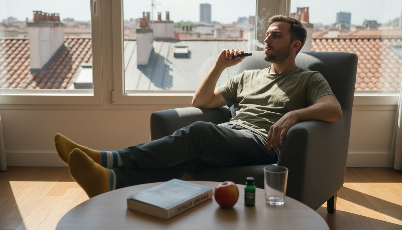 Un hombre disfruta de un momento de relax en casa mientras vapea cannabinoides.