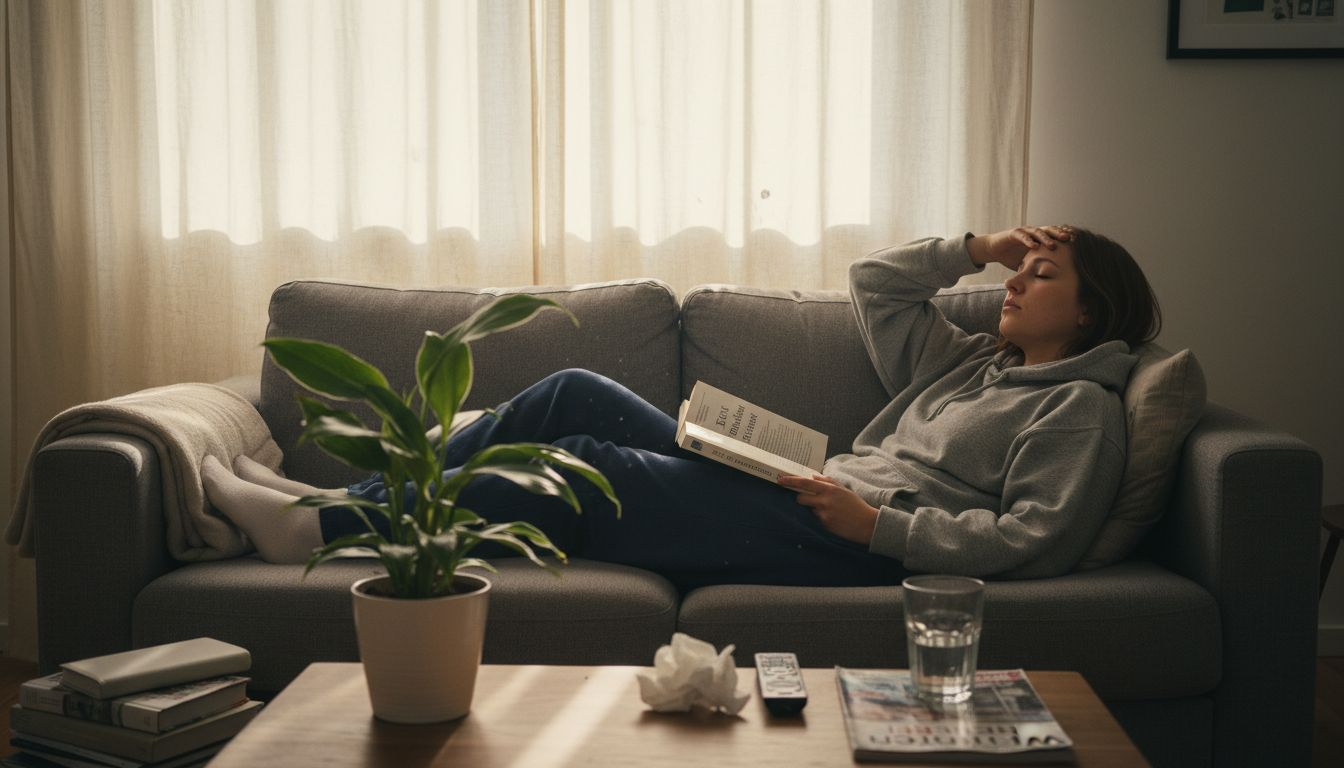 Eine erschöpfte Frau gönnt sich eine Pause und entspannt sich im gemütlichen Wohnzimmer.