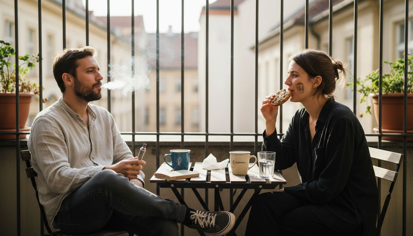 Dva kamarádi poprvé zkoušejí elektronickou cigaretu a sušenku.