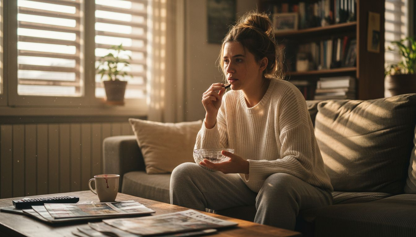 Mujer disfrutando de un comestible de cannabis en la tranquilidad de su hogar