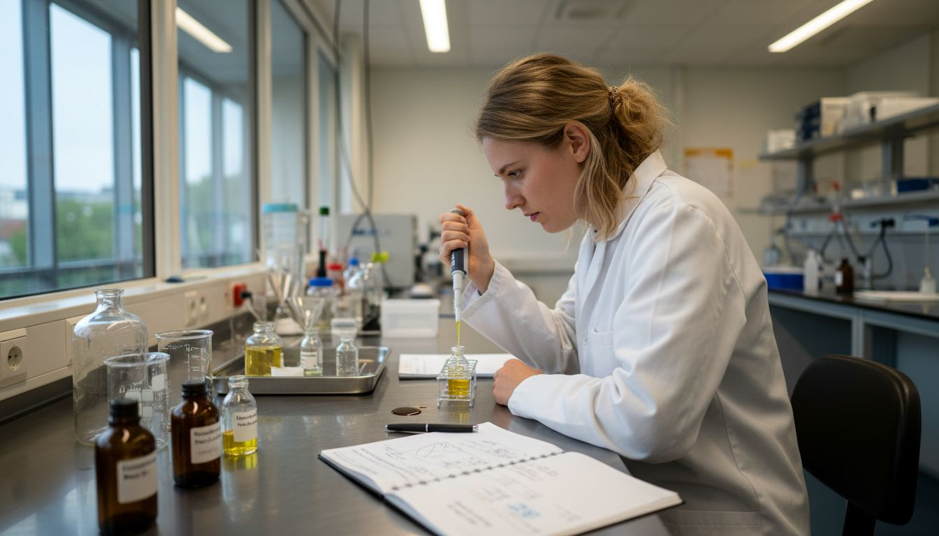 Ein Labormitarbeiter stellt im Labor Cannabisöl her.