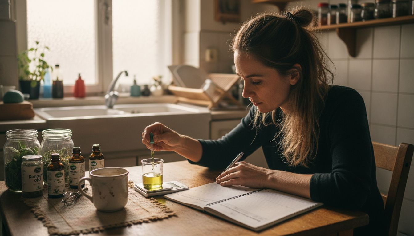 Žena si pečlivě odvažuje dávku CBD oleje na digitální váze.