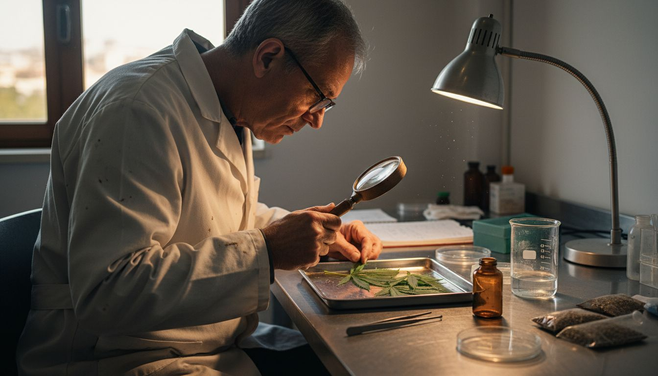 Un botánico examina detenidamente las hojas de cáñamo utilizando una lupa.