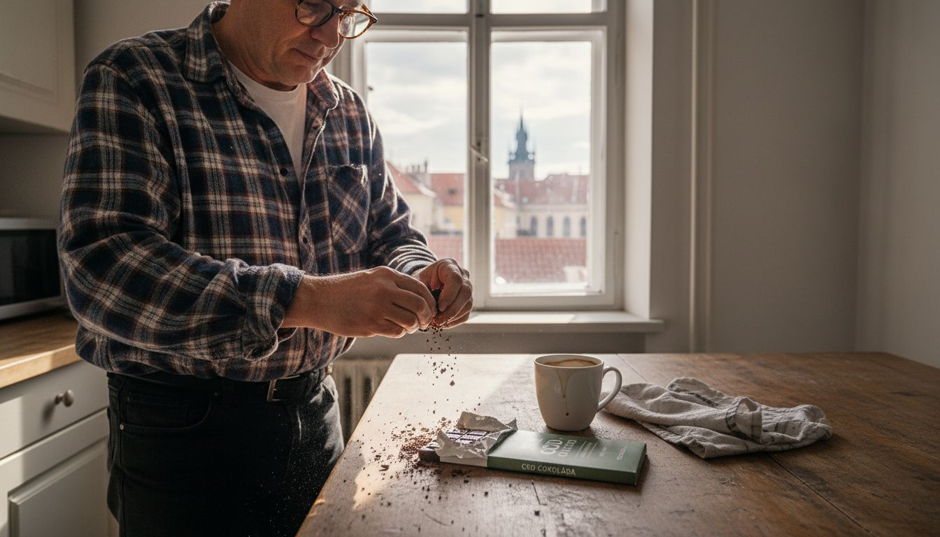 Muž si v kuchyni pochutnává na čokoládě s CBD.