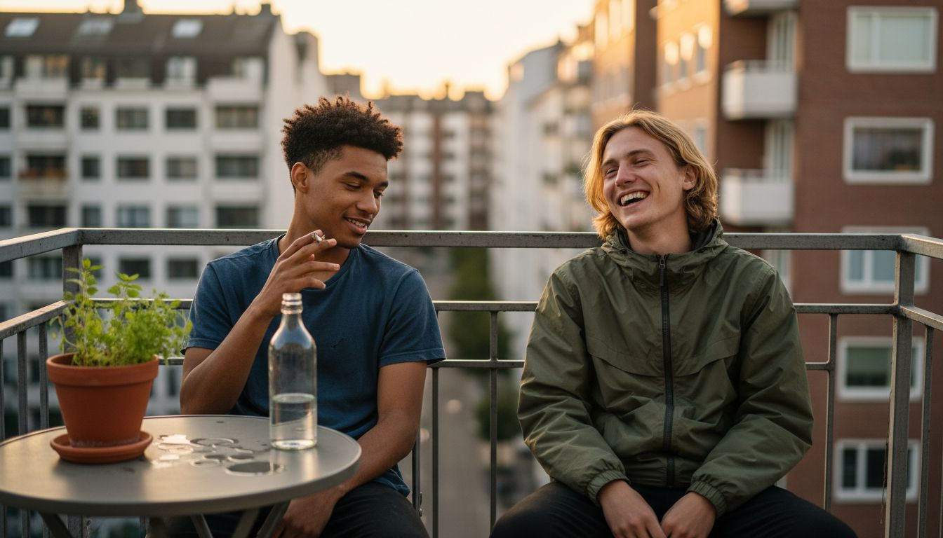 Gemeinsam lassen Freunde auf dem Balkon die Seele baumeln und genießen die entspannte Atmosphäre.