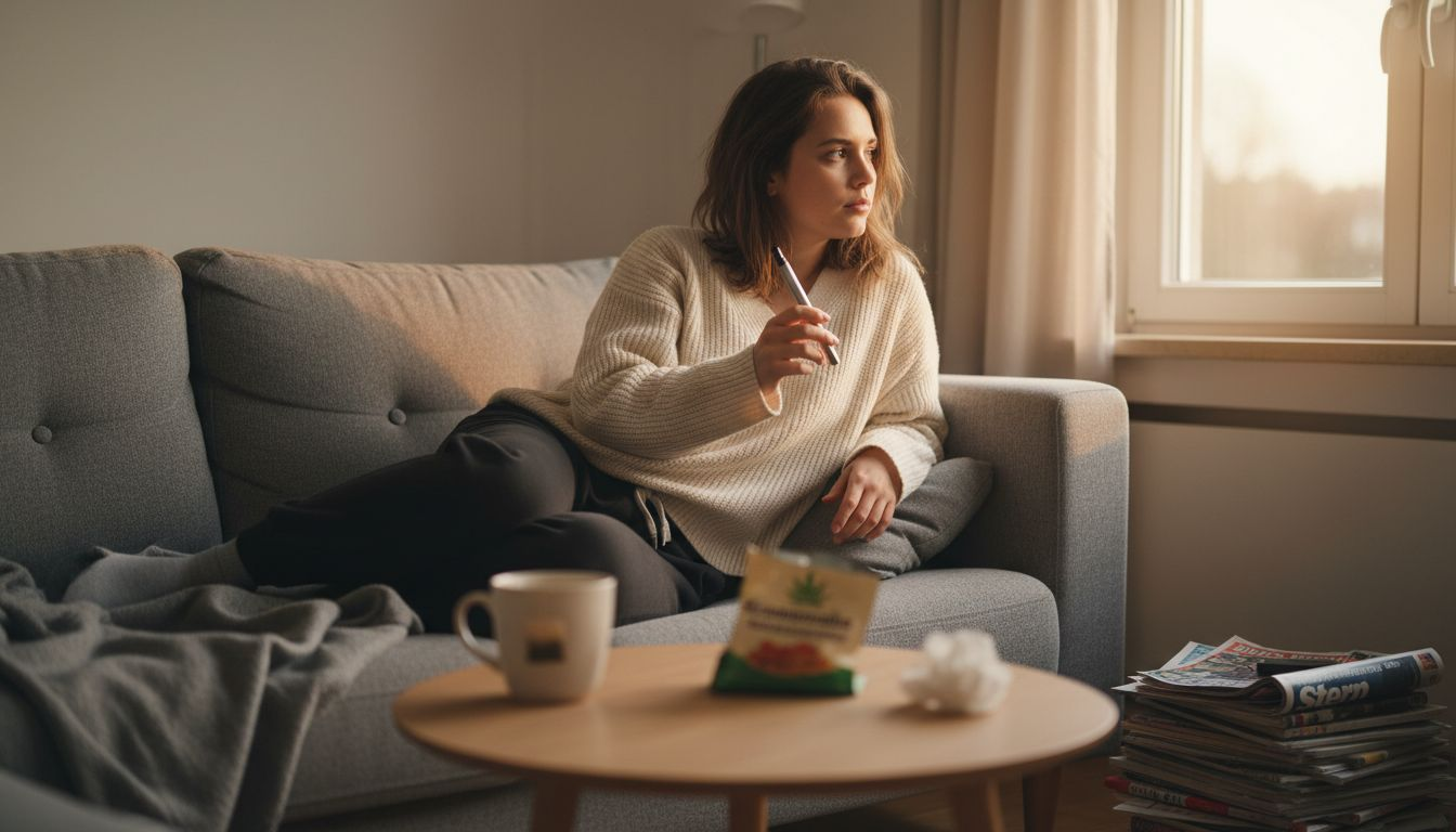 Junge Frau genießt ihre Auszeit mit Vape und Snacks