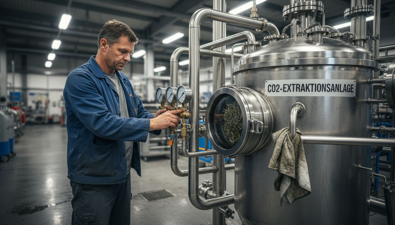 Ein Techniker nimmt Feineinstellungen an einer CO2-Extraktionsanlage zur Gewinnung von Cannabis vor.