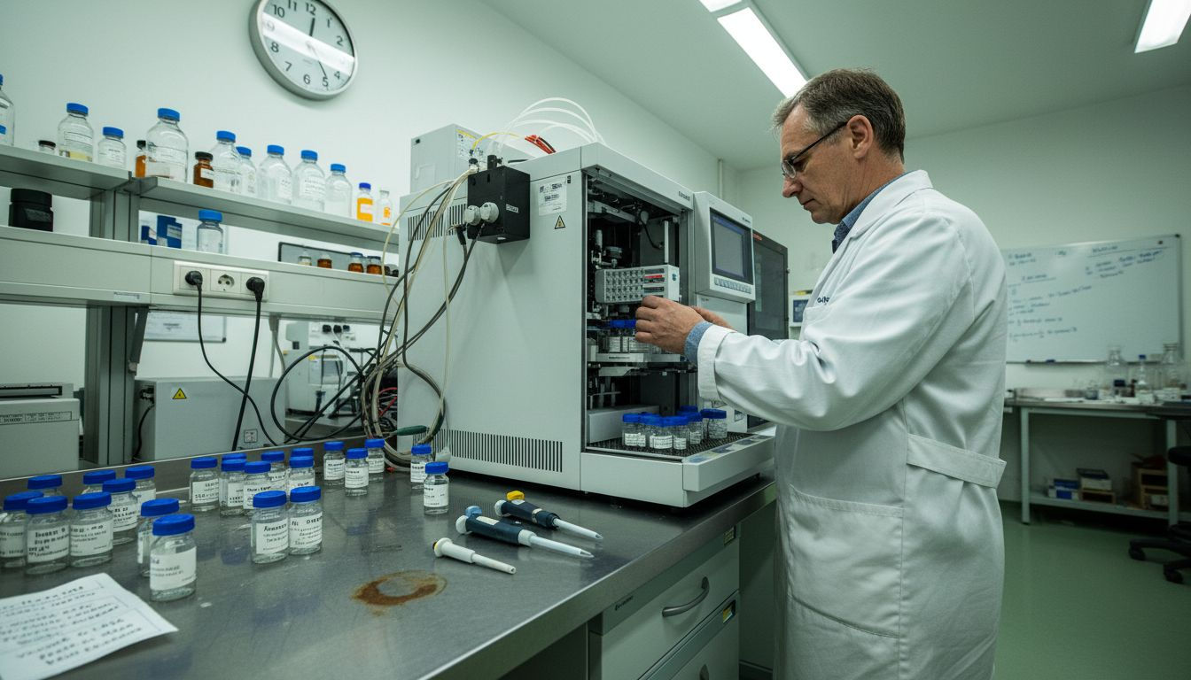 Laboratorní technik právě pracuje s chromatografem při analýze vzorků.