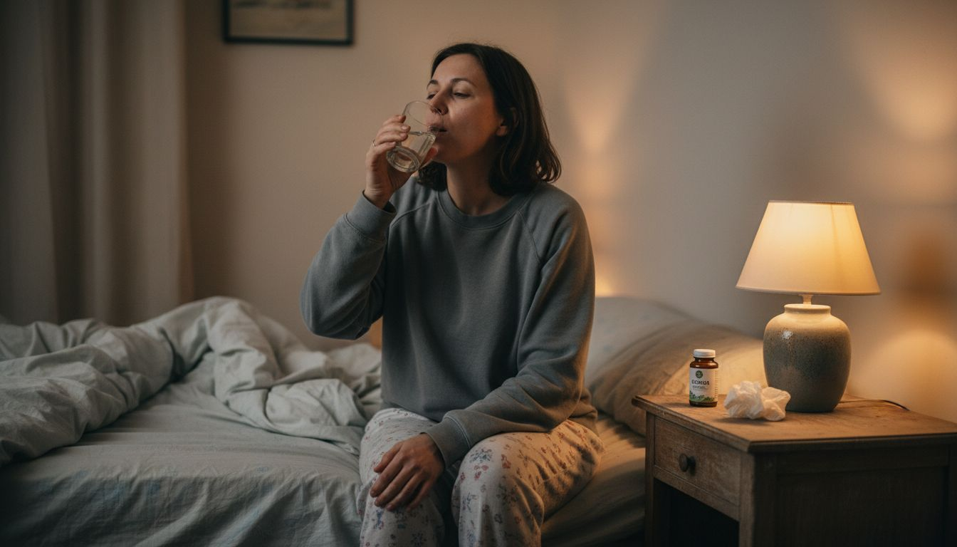 Žena si večer před spaním bere kapsli s CBD.